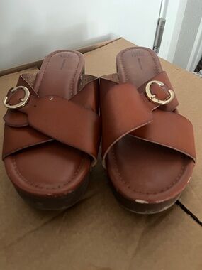 Time and Tru Brown Leather Slide Mules with Gold Buckles